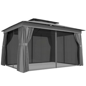 Outsunny Pavilion de Grădină 3, 8x3 m cu Perdele, Plasă de Țânțari, Cârlige, Pavilion de Exterior cu Acoperiș Dublu, Orificii de Drenaj, Structură Metalică, pentru Grădină, Terasă, Petreceri, UV30+, Gri Închis | Aosom Romania imagine