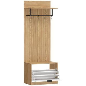HOMCOM Cuier de Hol cu Pantofar Rabatabil, Cuier cu Bancă, 4 Cârlige și Rafturi pentru Pantofi, Organizator Modern pentru Hol și Coridor, Stejar și Alb | Aosom Romania imagine