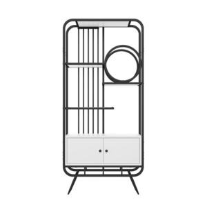 Raft metalic, trei rafturi și decor rotund, dulap de depozitare alb cu uși duble, 80x30x180 cm, Alb + Negru imagine
