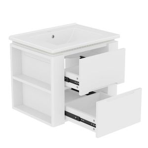 Dulap de baie suspendat cu iluminare LED cu senzor radar, două sertare și rafturi laterale, 61x46x50 cm, Alb imagine