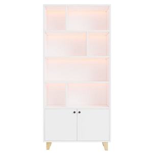 Bibliotecă cu iluminare ambientală LED cu schimbare de culoare, uși duble și mai multe rafturi, 80x30x173 cm, Alb imagine