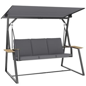 Outsunny Balansoar exterior de grădină cu 3 locuri, acoperiș reglabil, 2 tăvi, perne și cadru metalic, sarcină 360 kg, gri | Aosom Romania imagine