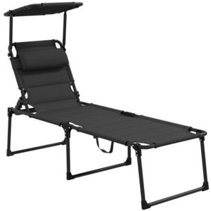 Outsunny Șezlong pliabil cu copertină, pernă pentru cap reglabilă din material Oxford 70 x 200 x 45 cm, negru | Aosom Romania imagine