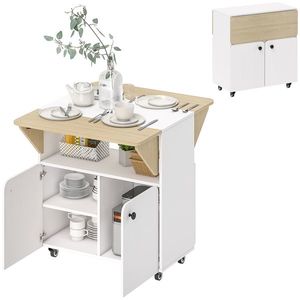 HOMCOM Masa de Dining Pliabilă cu Dulap pe Role, două părți pliabile ale mesei, Dulap, 4 Roți, Alb+Lemn natural, 70 x 83 x 75 cm | Aosom Romania imagine