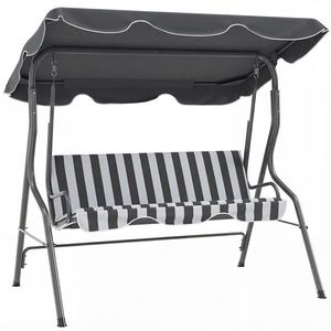 Outsunny Balansoar de grădină 3 locuri Copertină impermeabilă Înclinare reglabilă Perne Șezut Spătar gri, alb cu dungi | Aosom Romania imagine