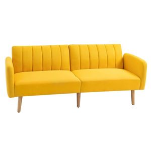 HOMCOM Canapea extensibilă 2 locuri modernă 173x75x73 cm Canapea pliabilă tapițată cu material sintetic cu aspect de in, spătar reglabil în 3 trepte și cotiere detașabile pentru living/birou Galben | Aosom Romania imagine
