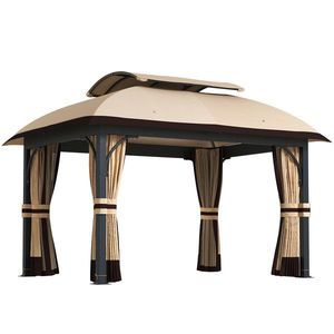 Outsunny Pavilion de grădină, 3, 3 x 4 m cort de grădină cu draperii din plasă, acoperiș în două niveluri, acoperire din piele ecologică, cadru metalic, Khaki | Aosom Romania imagine