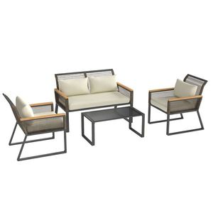 Outsunny Set mobilier de grădină din polyrattan pentru 4 persoane, rezistent la intemperii, set balcon cu canapea 2 locuri, 2 scaune, masă cu sticlă, perne Bej | Aosom Romania imagine