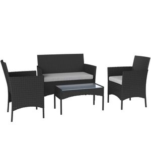 Outsunny Set mobilier de grădină exterior 4 persoane din rășină împletită cu canapele și măsuță din sticlă securizată perne incluse gri | Aosom Romania imagine
