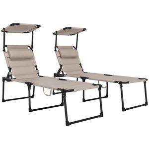 Outsunny Set de 2 șezlonguri pliabile confort sporit spătar parasolar reglabile multi-poziții, kaki | Aosom Romania imagine