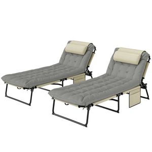 Outsunny Set de 2 șezlonguri pliabile cu spătar reglabil în 4 poziții - suport pentru cap și saltea groasă crem | Aosom Romania imagine