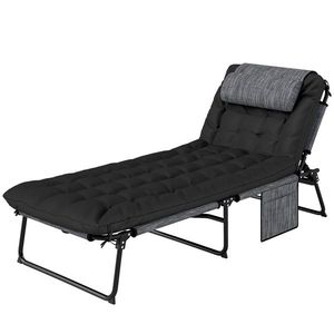 Outsunny Șezlong pliabil pentru grădină cu pernă, spătar reglabil în 4 poziții, buzunar lateral, negru | Aosom Romania imagine