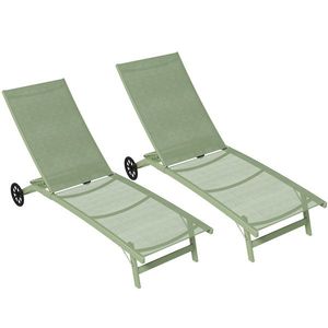 Outsunny Set de 2 șezlonguri din aluminiu și textilenă cu roți spătar rabatabil sarcină max. 150 Kg verde închis | Aosom Romania imagine