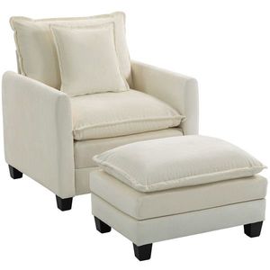 HOMCOM Fotoliu de salon cu taburet, fotoliu 1 loc din chenille, șezut lat, umplutură dublă, 85x128x86cm, crem | Aosom Romania imagine