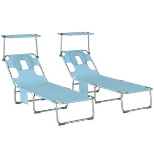 Outsunny Set de 2 Șezlonguri Pliabile Reclinabile cu Copertină 360°, Orificiu Facial, Buzunar Lateral și Textilene 550 g/m², Albastru | Aosom Romania imagine