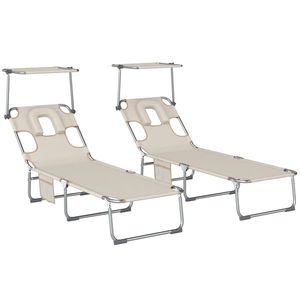 Outsunny Set de 2 șezlonguri pliante reclinabile cu copertină 360° orificiu facial buzunar lateral și Textilene 550 g/m² bej | Aosom Romania imagine