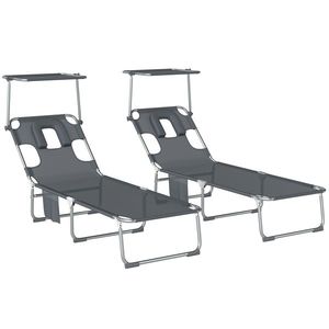 Outsunny Set de 2 șezlonguri pliante reclinabile cu copertină 360°, orificiu facial, buzunar lateral și Textilene 550 g/m² Gri | Aosom Romania imagine
