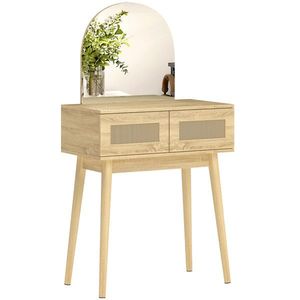 HOMCOM Masă de Machiaj cu Oglindă Arcuată 2 Sertare cu Față din Ratan pentru Spații Mici Natural | Aosom Romania imagine