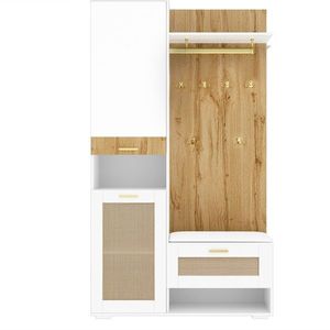 Set cuier cu oglindă și băncuță, iluminare LED, cuier de perete și 6 cârlige aurii pentru haine, 110x38x190 cm, Alb+Culoare naturală imagine