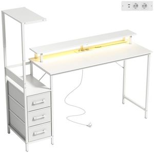 HOMCOM Birou Gaming cu Suport CPU Reglabil Reversibil și LED, 147x47 cm, Stație de Încărcare, Suport Monitor, 3 Sertare din Material Textil, pentru Acasă, Birou sau Studio, Alb | Aosom Romania imagine