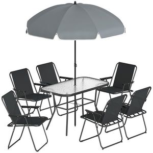 Outsunny Set Dining de Grădină 8 Piese cu Umbrelă, Mobilier de Exterior cu 6 Scaune Pliabile, Masă din Sticlă Temperată și Umbrelă pentru Terasă, Negru | Aosom Romania imagine