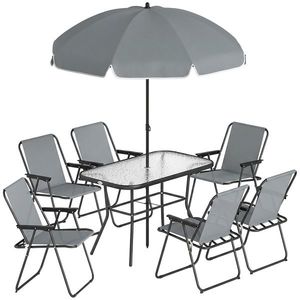 Outsunny Set de Masă de Grădină 8 Piese cu Umbrelă, Set Mobilier Grădină cu 6 Scaune Pliabile, Masă din Sticlă Temperată și Umbrelă pentru Terasă, Gri | Aosom Romania imagine