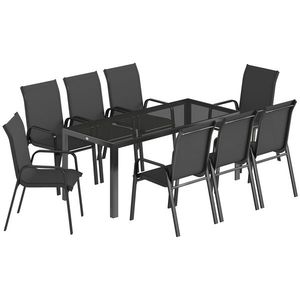 Outsunny Set de Masă de Grădină 9 Piese, Masă și Scaune pentru 8 Persoane, Set Exterior cu Blat din Sticlă Temperată, Negru | Aosom Romania imagine