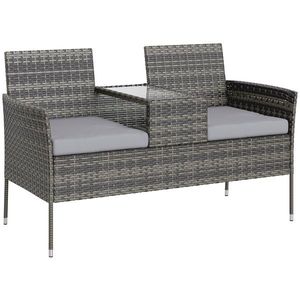 Outsunny Bancă de Grădină cu 2 Locuri din Rattan și Oțel, Bancă de Exterior cu Perne și Măsuță Centrală cu Blat din Sticlă Securizată, 135x64x81 cm, Gri Închis | Aosom Romania imagine