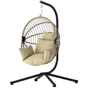 Outsunny Fotoliu tip ou suspendat, Scaun hamac/leagăn interior și exterior, Coș pliabil, Pernă căptușită, Kaki | Aosom Romania imagine