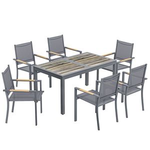 Outsunny Set Mobilier de Grădină 7 Piese Masă Aspect Lemn 6 Scaune Suprapuse din Textilenă 140x80x72cm Gri | Aosom Romania imagine