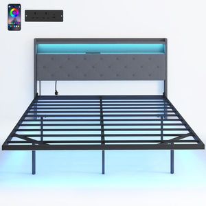 HOMCOM Cadru de pat 160 x 200 cm cu somieră din oțel, pat dublu plutitor cu lumini LED RGB și stație de încărcare, gri | Aosom Romania imagine