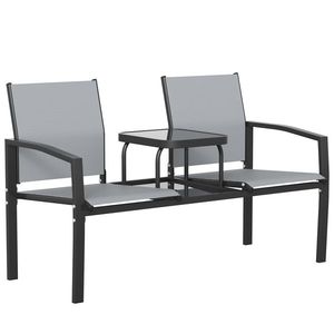 Outsunny Bancă de grădină pentru 2 persoane cu spătar și brațere, masă din sticlă în 2 niveluri, rezistă la 240 kg 135 x 67 x 81 cm Gri | Aosom Romania imagine