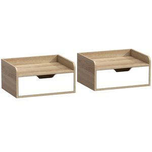 HOMCOM Set de 2 noptiere murale, noptiere cu sertar și blat cu margini ridicate, 40x30x19, 5cm, lemn natural | Aosom Romania imagine