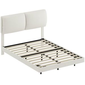 HOMCOM Pat dublu 135x190 cm Somier cu tăblie căptușită Efect plutitor Structură metalică Bej | Aosom Romania imagine