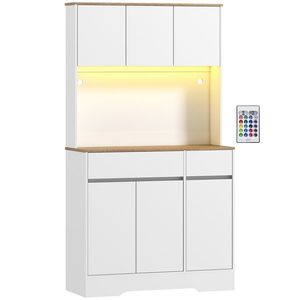 HOMCOM Bufet bucătărie mobilier de bucătărie de depozitare înalt cu lumină LED RGB, blat de lucru, 6 uși, 2 sertare, alb | Aosom Romania imagine