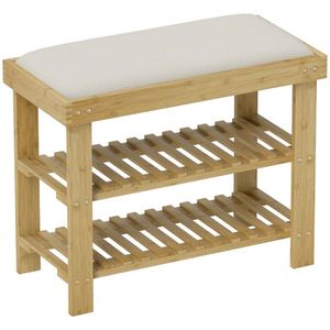 HOMCOM Bancă pentru încălțăminte din bambus, etajeră pentru încălțăminte cu 3 niveluri, stil scandinav, 60 x 29 x 49 cm, crem și lemn natural | Aosom Romania imagine