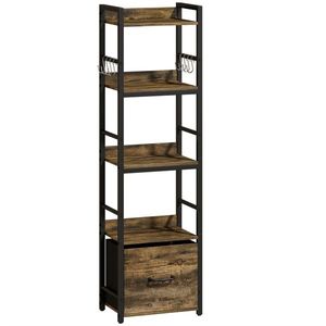 HOMCOM Bibliotecă cu 4 niveluri, etajeră de depozitare îngustă cu sertar, 8 cârlige, , 39 x 26 x 136, 5 cm, maro rustic | Aosom Romania imagine