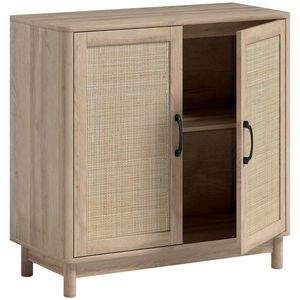 HOMCOM Bufet pentru living, mobilier de depozitare cu 2 uși din ratan, poliță reglabilă și margini rotunjite, 76 x 35 x 75, 5 cm, stejar | Aosom Romania imagine