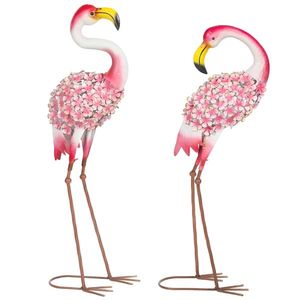 Outsunny Set 2 statuete Flamingo pentru grădină, păsări metalice cu pene florale, sculpturi cu țăruși de ancorare, Roșu | Aosom Romania imagine