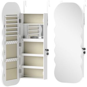 HOMCOM Oglindă-dulap pentru bijuterii cu lumină LED montabilă pe perete sau pe ușă cu încuietoare Oglindă întreagă Alb | Aosom Romania imagine