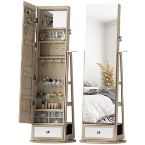 HOMCOM Oglindă-dulap pentru bijuterii cu lumini LED Dulap pentru bijuterii cu oglindă pentru întregul corp Rotativ 360° Sertar Încuietoare Natural | Aosom Romania imagine