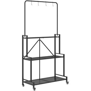 Outsunny Suport pentru Plante cu 3 Niveluri cu Roți, Etajeră pliabilă metalică cu 4 cârlige, 84x40, 5x174cm, Negru | Aosom Romania imagine