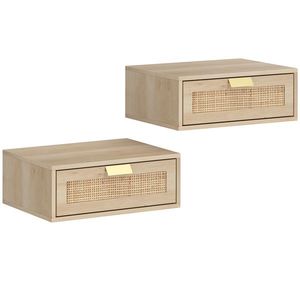 HOMCOM Set de 2 Noptiere Suspendate cu Sertar din Ratan Economisește Spațiu Design Modern 40x30x15 cm Natural | Aosom Romania imagine