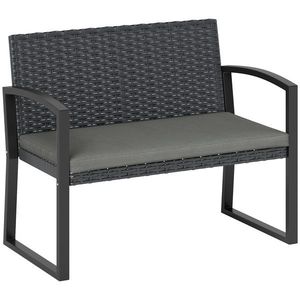 Outsunny Banc de grădină 2 locuri, banc de exterior din resină împletită PE cu pernă, oțel galvanizat, 103x58x78cm, gri și negru | Aosom Romania imagine