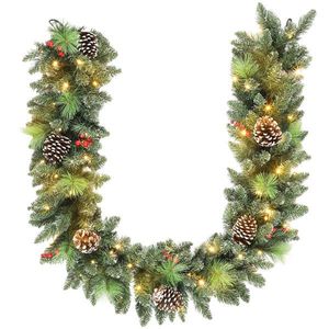 HOMCOM Ghirlandă de Crăciun 183 cm cu Crengi Înzăpezite și 30 de Lumini Albe, Conuri și Boabe pentru Interioare | Aosom Romania imagine