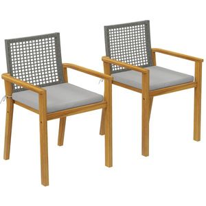 Outsunny Scaune de grădină set 2 buc. Lemn de acacia certificat FSC Stivuibile Scaune din lemn cu spătar din rattan Perne detașabile Cotiere | Aosom Romania imagine