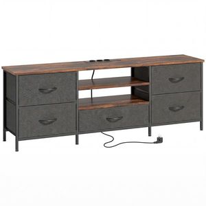 HOMCOM Comodă TV 140 cm, suport TV 165, 1 cm, stație de încărcare, 5 sertare din material textil, rafturi deschise, 140x30x50cm, maro | Aosom Romania imagine