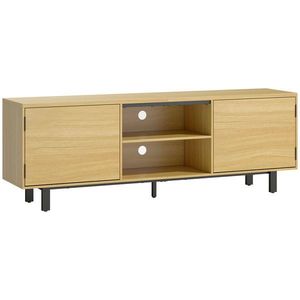 HOMCOM Comodă TV, mobilier TV până la 165 cm, 2 uși cu deschidere prin apăsare și 2 rafturi, 160x35x55, 5cm, lemn natural | Aosom Romania imagine