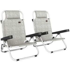 Set Outsunny 2 Șezlonguri Pliabile și Reclinabile pe 4 Poziții cu Suport pentru Cap, din Aluminiu, 62x61x80 cm, Gri | Aosom Romania imagine