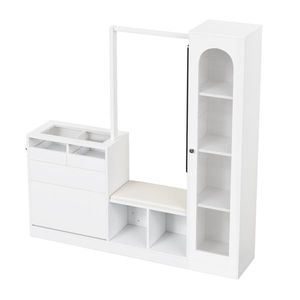 Combinație 6-în-1 pentru intrare cu iluminare LED, set cuier, masă de toaletă, bancă pentru pantofi, dulap rabatabil pentru pantofi și vitrină din sticlă, 163x35x161 cm, Alb imagine